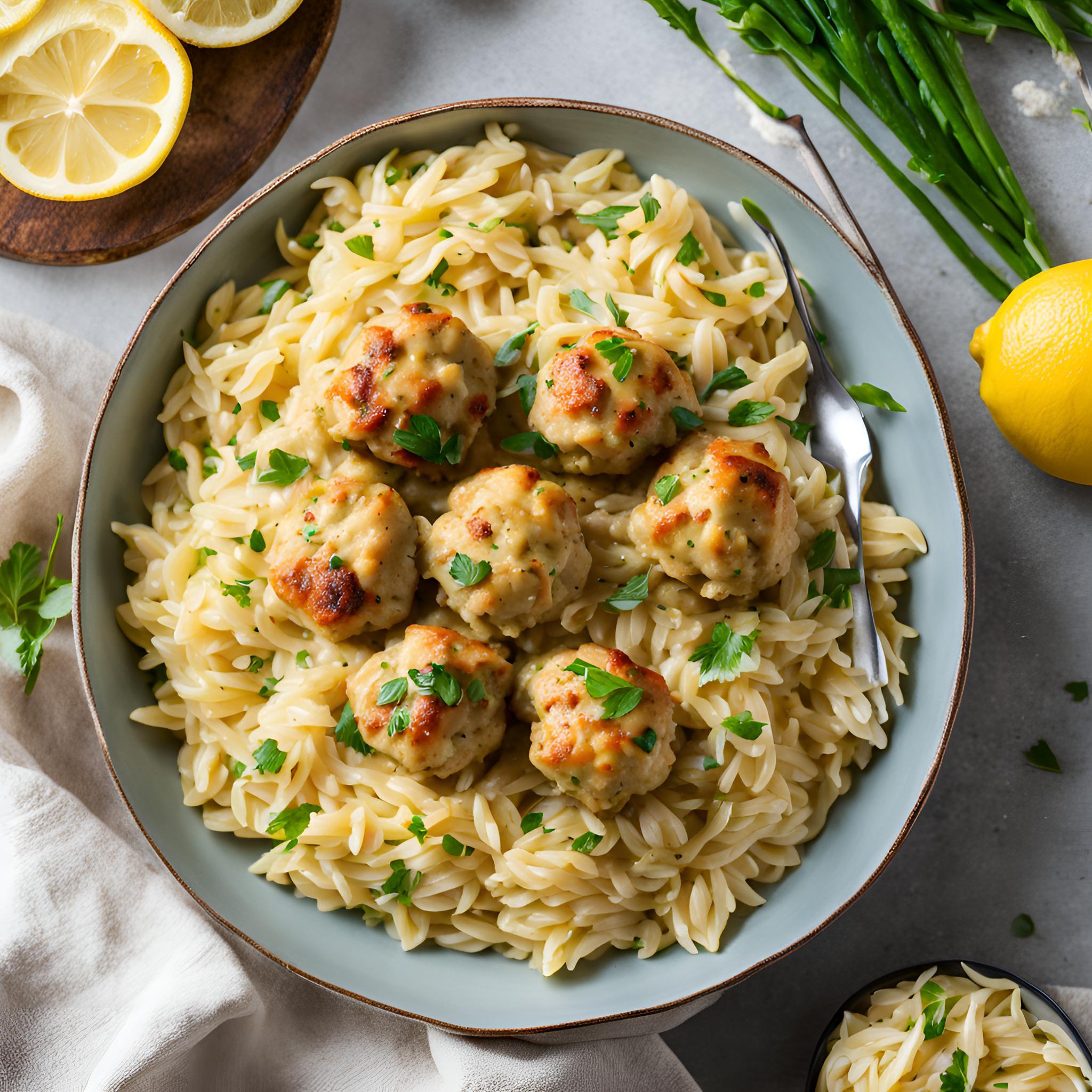 Lemon Garlic Chicken Meatballs with Creamy Orzo Recipe | Cheff Recipes