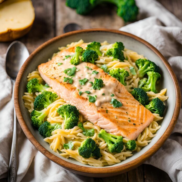 One Pot Broccoli Cheddar Salmon Orzo Recipe