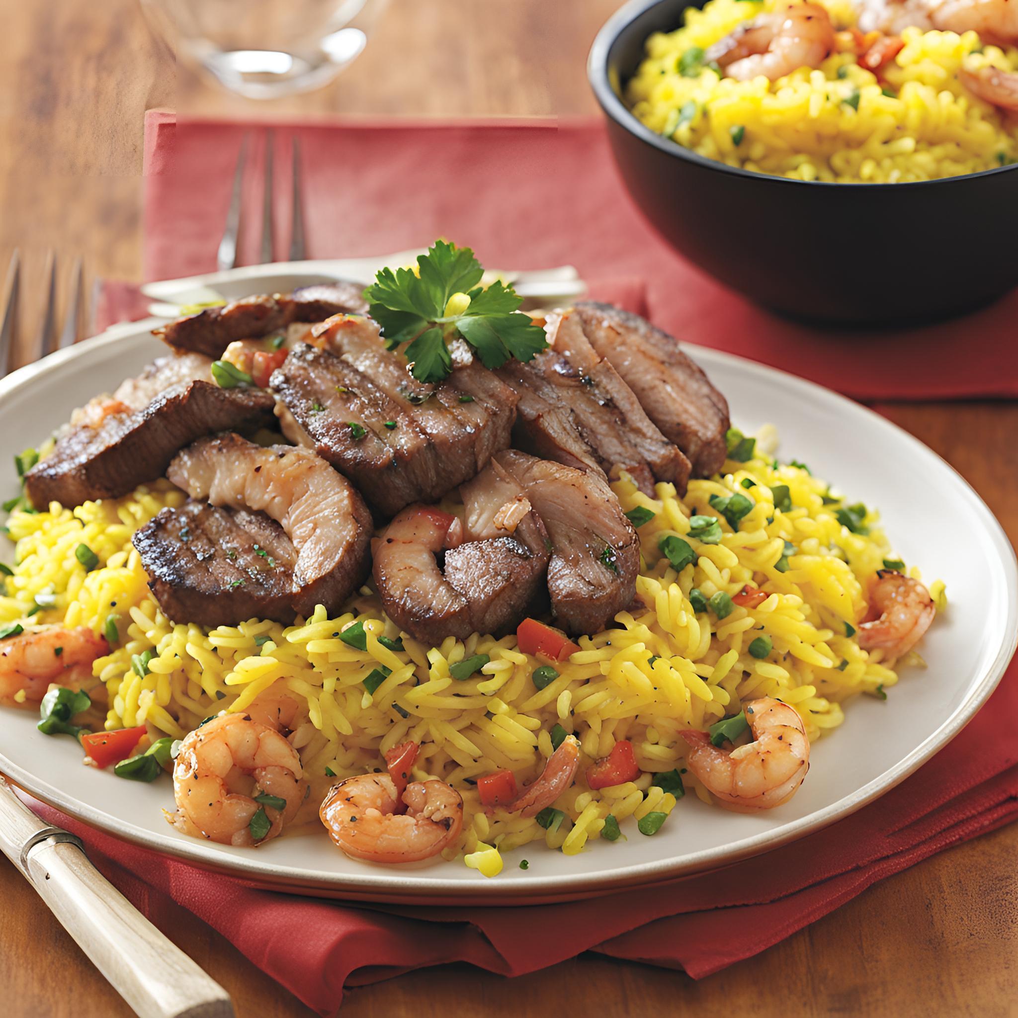 Steak and Shrimp over Yellow Rice Recipe | Cheff Recipes