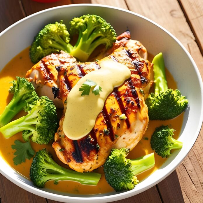 Grilled Chicken and Broccoli Bowls with Creamy Garlic Sauce Recipe