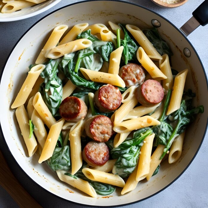 One-Pan Creamy Penne with Spinach and Italian Sausage Recipe