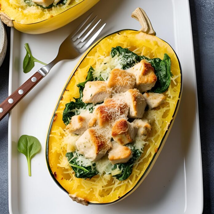 Garlic Parmesan Stuffed Spaghetti Squash with Chicken and Spinach Recipe
