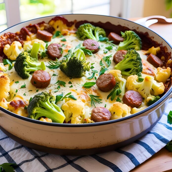 Keto Broccoli and Cauliflower Au Gratin With Sausage Recipe
