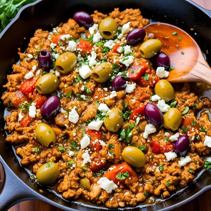 Mediterranean Keto Ground Chicken Skillet with Olives and Feta Recipe