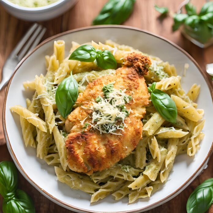 Pesto Pasta with Crispy Parmesan Chicken Recipe