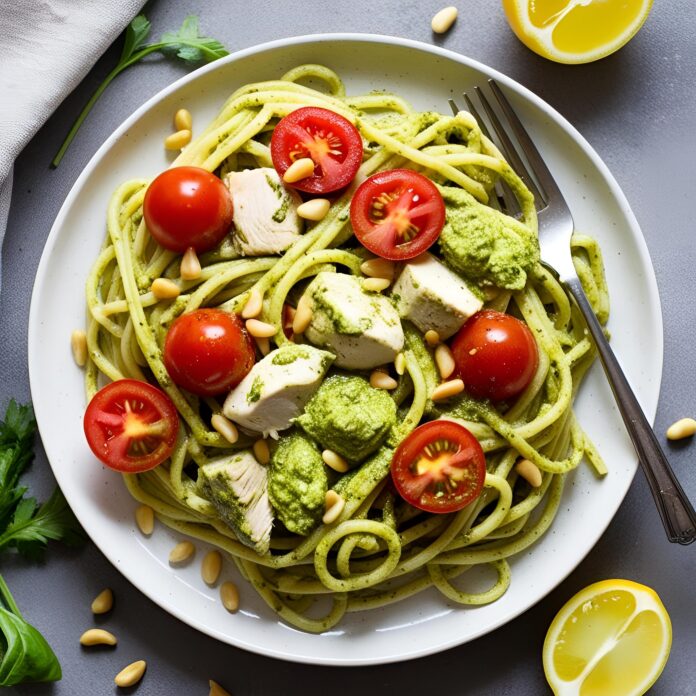 Creamy Chicken Pesto Pasta with Tomatoes and Pine Nuts Recipe