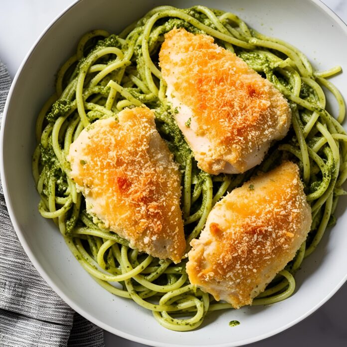 Crispy Parmesan Chicken Over Pesto Pasta Recipe