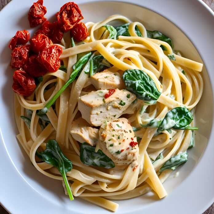 Fettuccine Alfredo with Chicken, Sundried Tomatoes, and Spinach Recipe