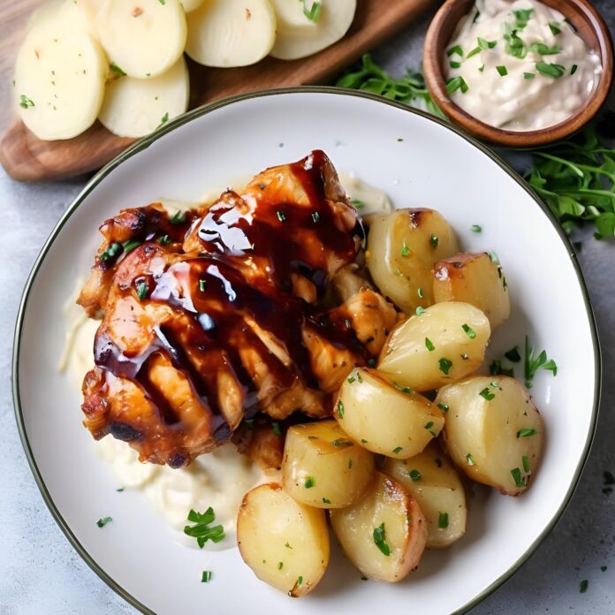 High Protein Honey BBQ Chicken and Creamy Garlic Parmesan Potatoes Recipe
