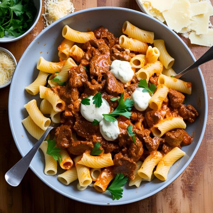 Spicy Cajun Beef in Creamy Parmesan Rigatoni Pasta Recipe