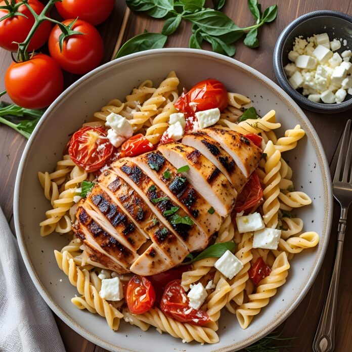 Baked Feta and Tomato Pasta with Grilled Chicken Recipe