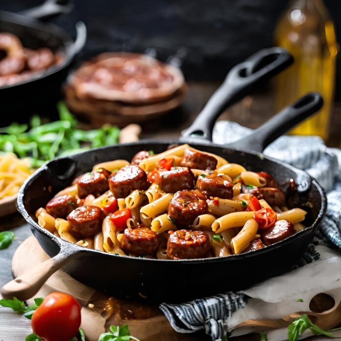 One-Skillet Spicy Honey BBQ Sausage and Pasta Recipe