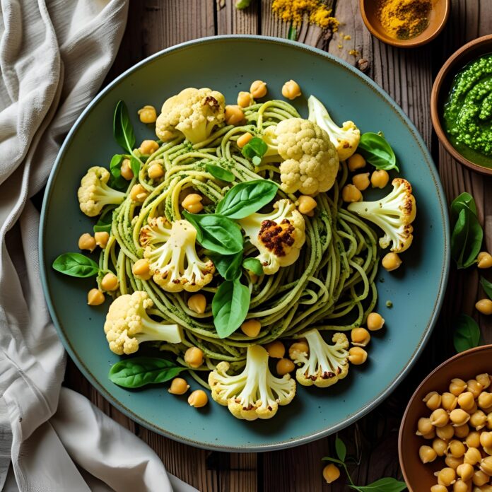 Roasted Cauliflower and Chickpea Pesto Pasta Recipe