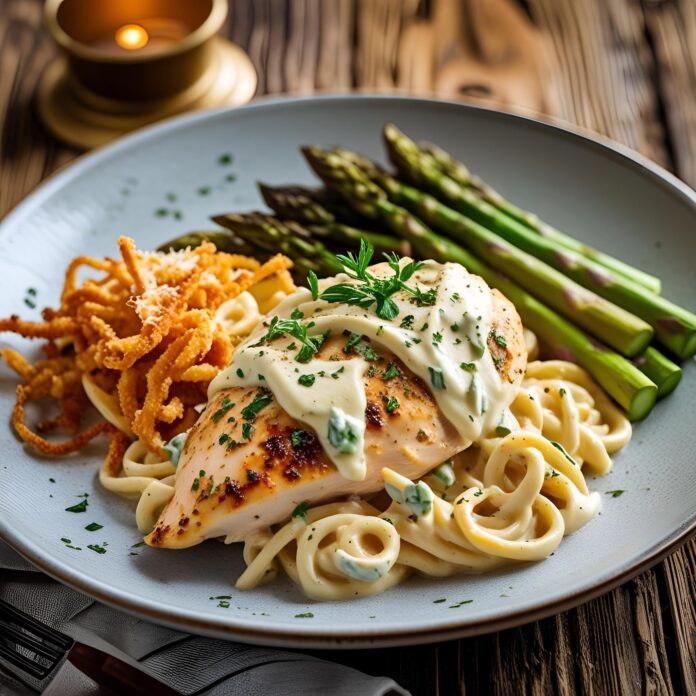 Chicken Alfredo with Smoked Feta Cream and Crispy Parmesan Asparagus Recipe