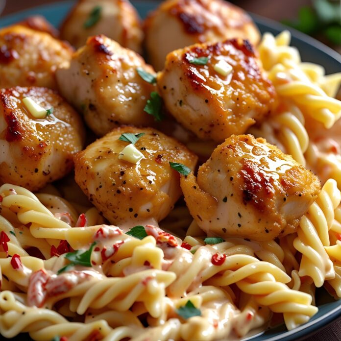 Garlic Butter Chicken Bites with Spicy Cajun Alfredo Twisted Pasta Recipe