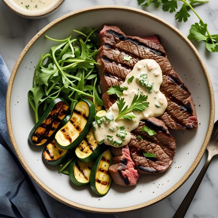 Grilled Steak Bowl with Creamy Sauce and Grilled Zucchini Recipe