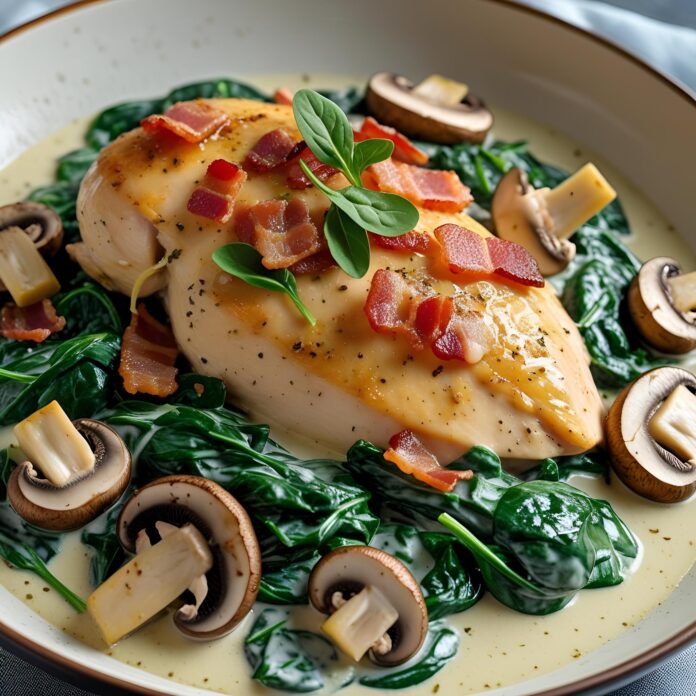 Smothered Chicken with Creamed Spinach, Bacon, and Mushrooms Recipe