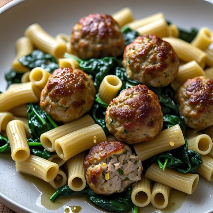 Turkey and Ricotta Meatballs with Garlic Spinach Rigatoni Recipe