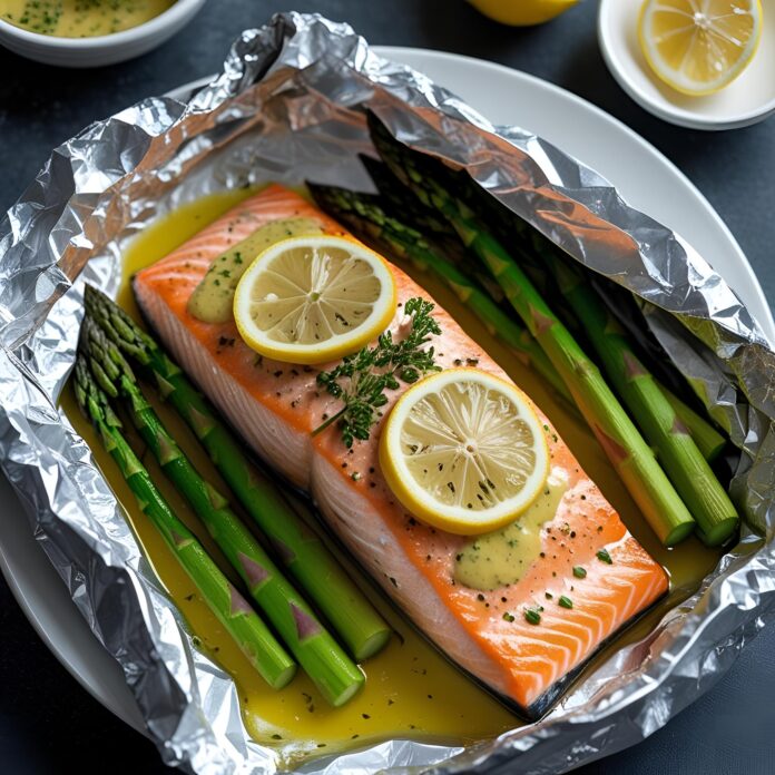 Baked Salmon in Foil with Asparagus and Lemon Garlic Butter Sauce Recipe