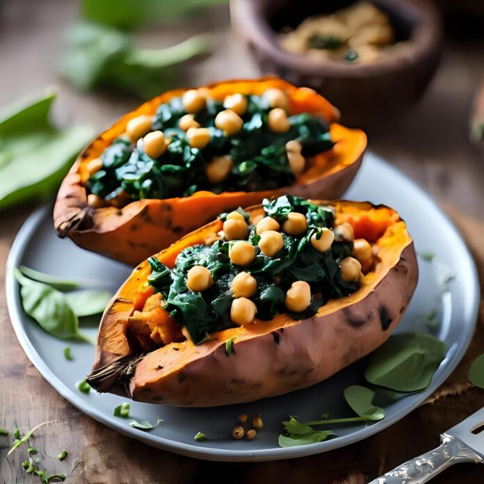 Chickpea Spinach Stuffed Sweet Potatoes Recipe