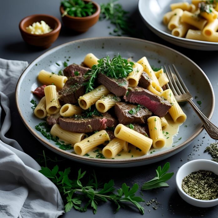 Creamy Garlic Butter Steak Rigatoni Recipe