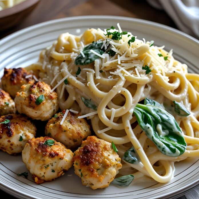 Garlic Chicken Bites and Creamy Cajun Spinach Artichoke Alfredo Pasta Recipe