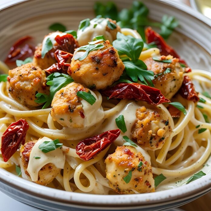 Garlic Chicken Bites and Sun-Dried Tomato Cajun Alfredo Pasta Recipe