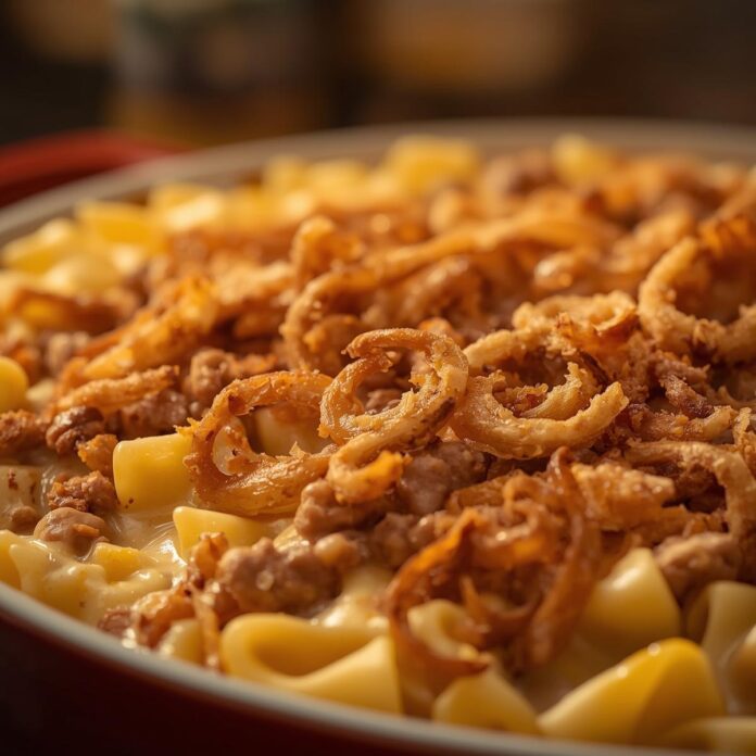 Cheesy Beef and Noodle Casserole with Crispy French Onions Recipe