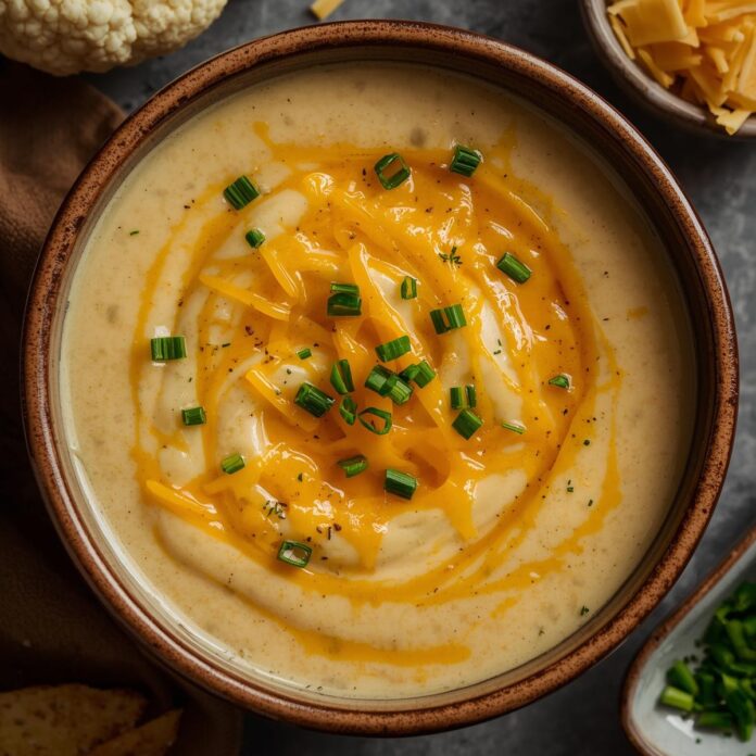 Creamy Roasted Garlic Cauliflower Soup with Cheddar