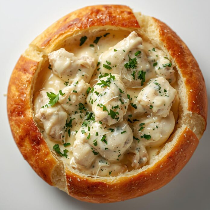 Chicken Alfredo Garlic Bread Bowls