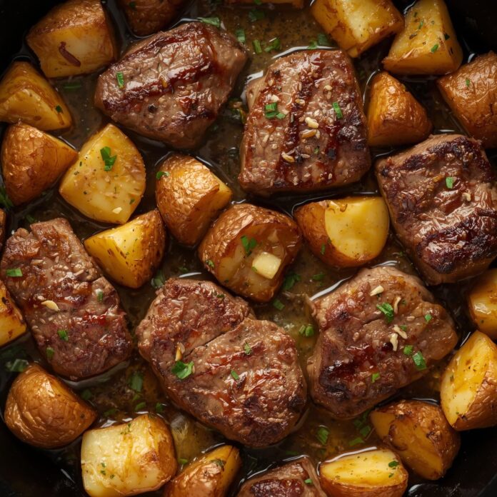 One Pan Garlic Butter Steak Bites and Potatoes