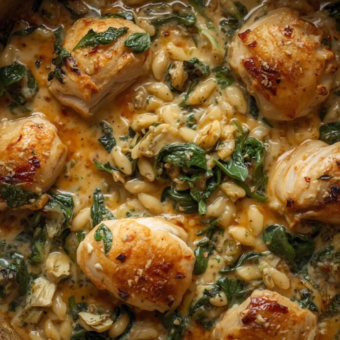 Spinach Artichoke Chicken Orzo Bake
