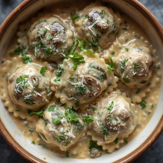 Spinach and Mushroom Alfredo Ravioli