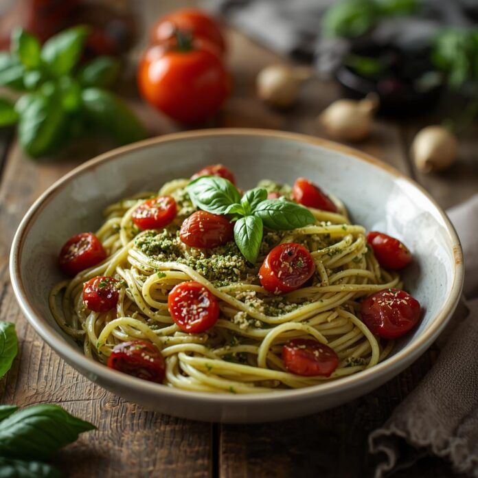 Pesto Pasta with Roasted Tomatoes