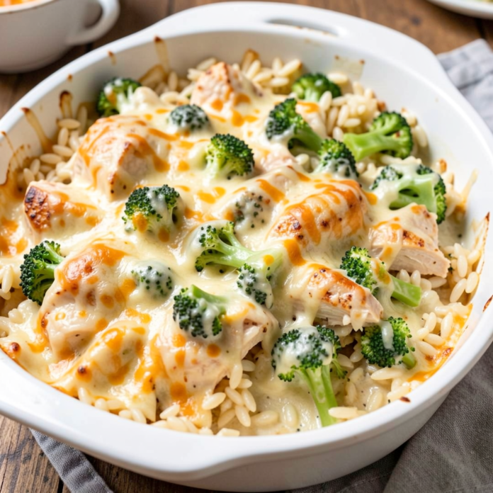 Creamy Cheesy Chicken Broccoli Orzo Bake