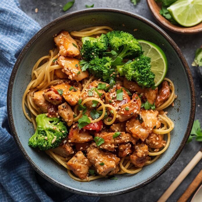 Spicy Garlic Chicken and Broccoli Noodle Bowls