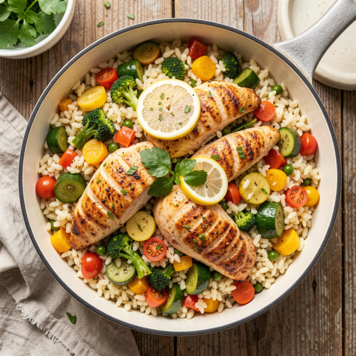One Pan Lemon Chicken and Veggie Orzo