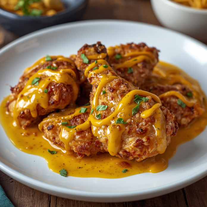 Crispy Pretzel Chicken with Mustard Cheddar Sauce Recipe