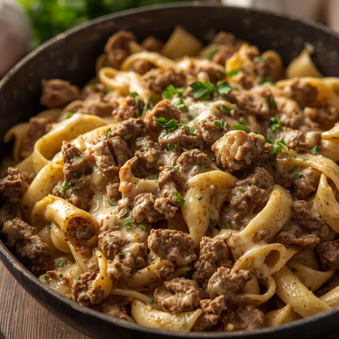 One Pan Ground Beef Alfredo Pasta Recipe